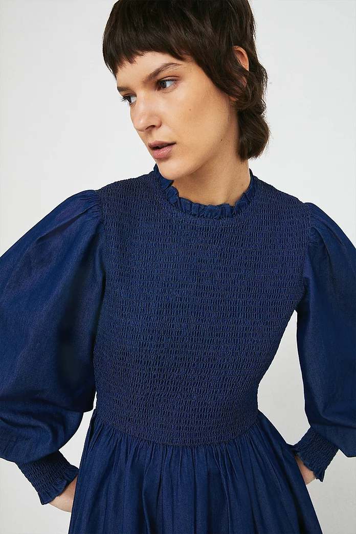 Denim Shirred Bodice Long Sleeve Midi Dress | Warehouse